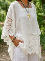Women’s Square Neck Floral Lace Batwing Sleeve Cotton Linen Tunic