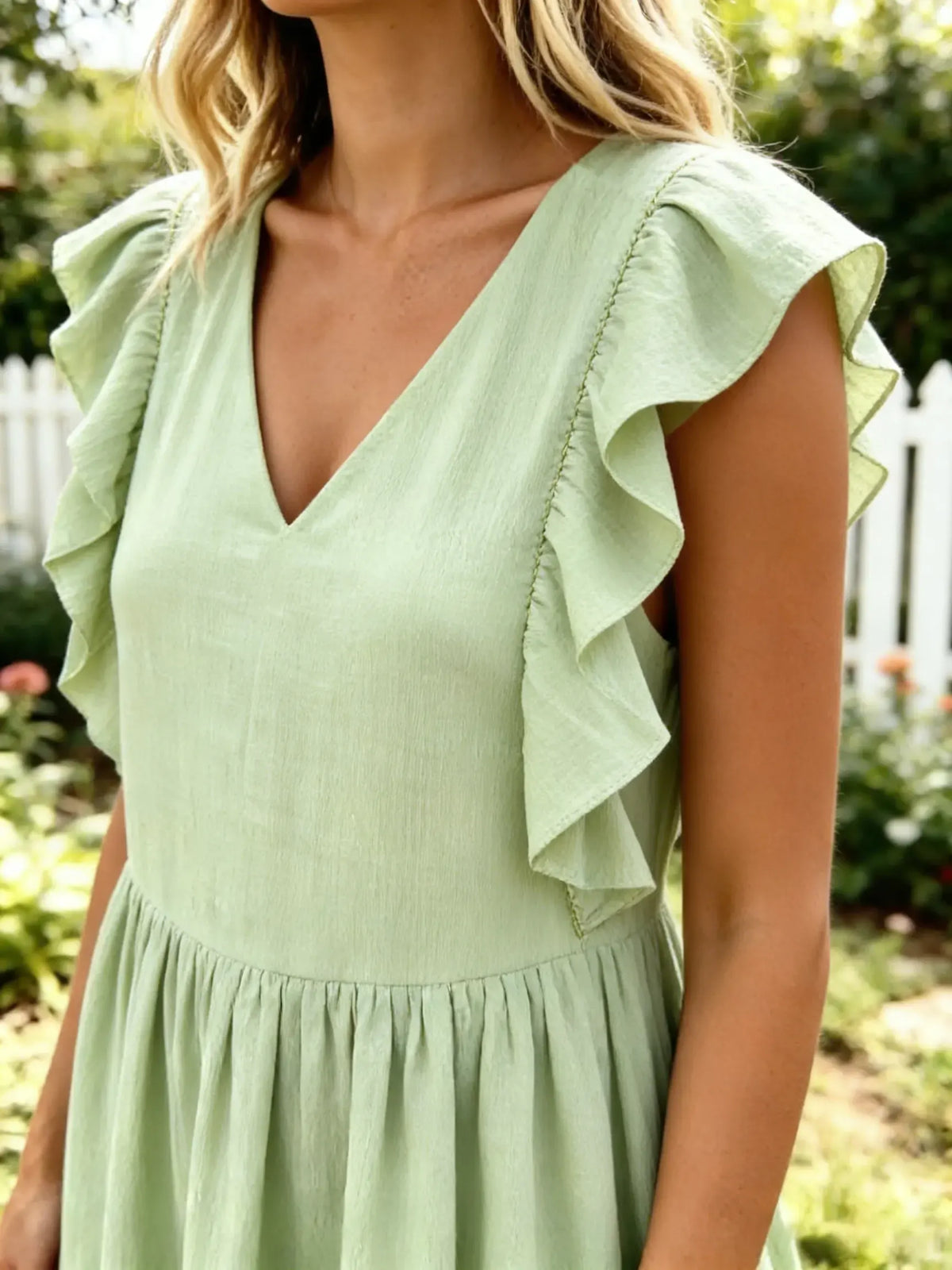 Women's Solid V-Neck Flutter Ruffle Sleeve Loose Linen Midi Dress