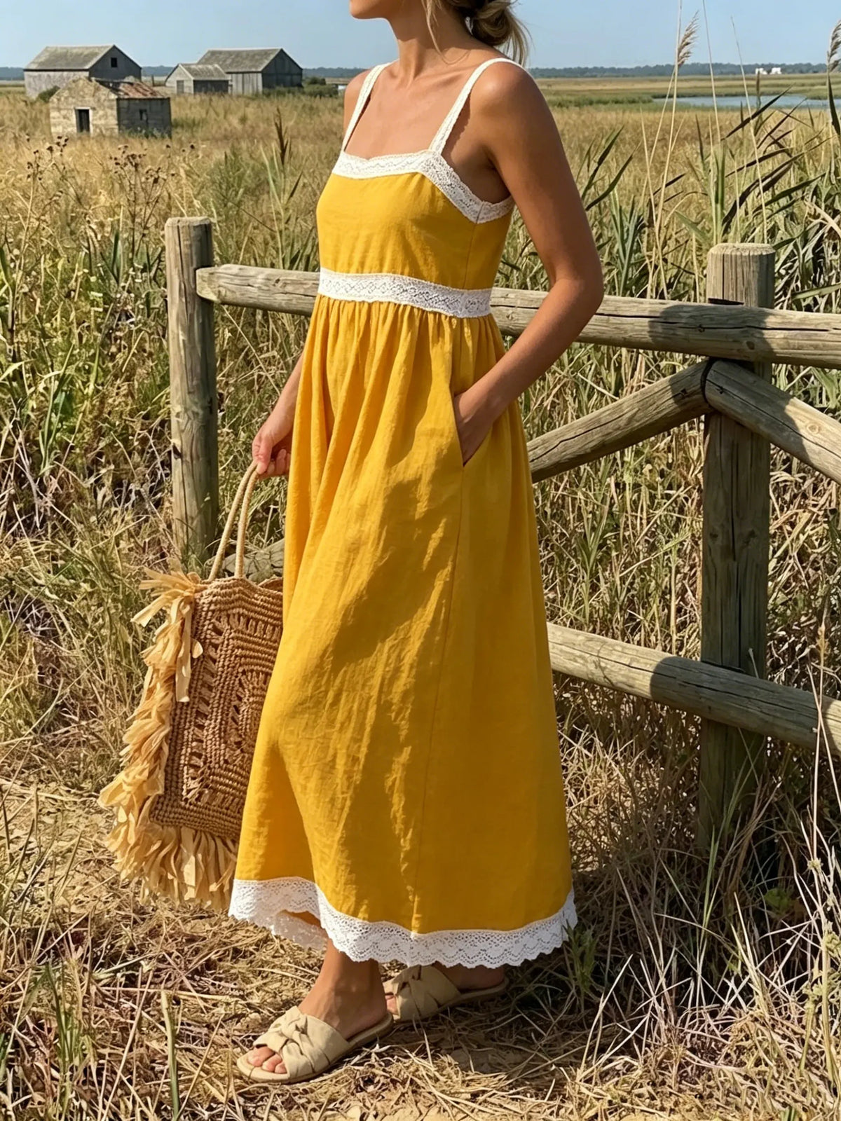 Sunlit Meadow Mustard Linen Midi Dress