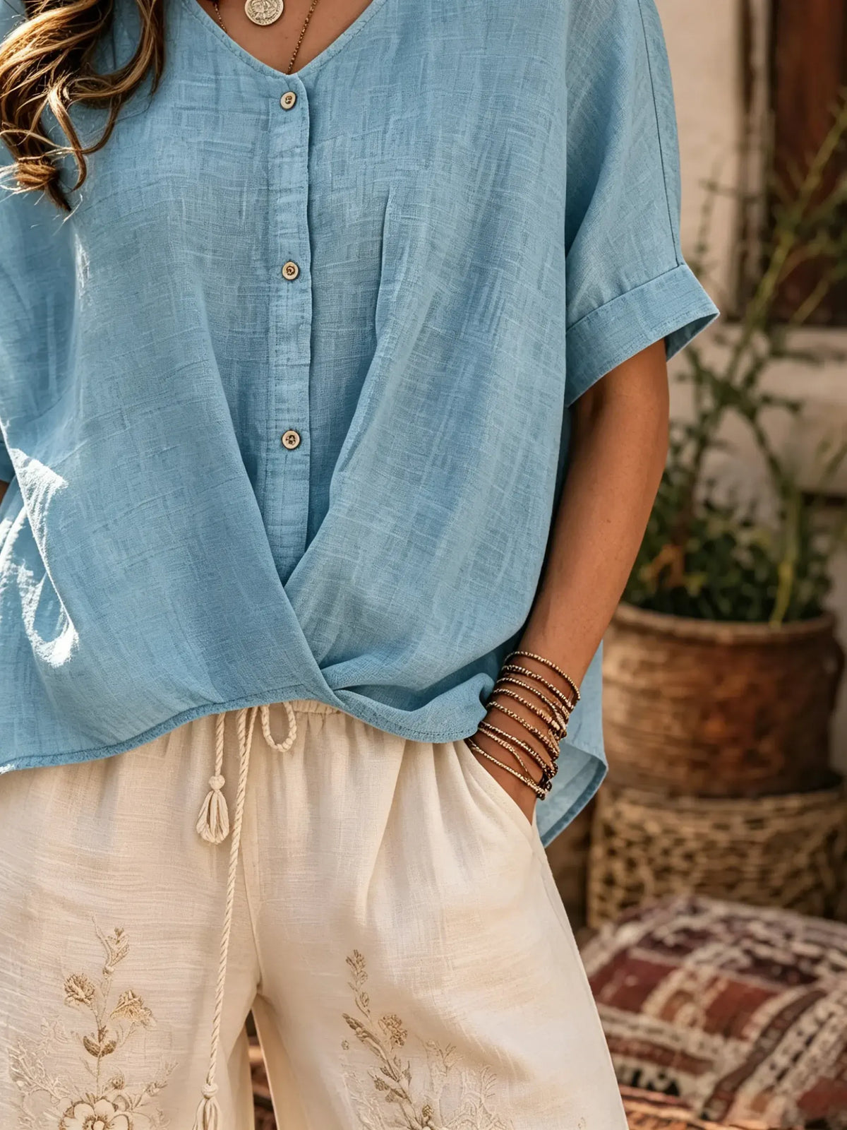 Women's Solid V-Neck Twist Front Half Button Cuff Short Sleeve Linen Blouse
