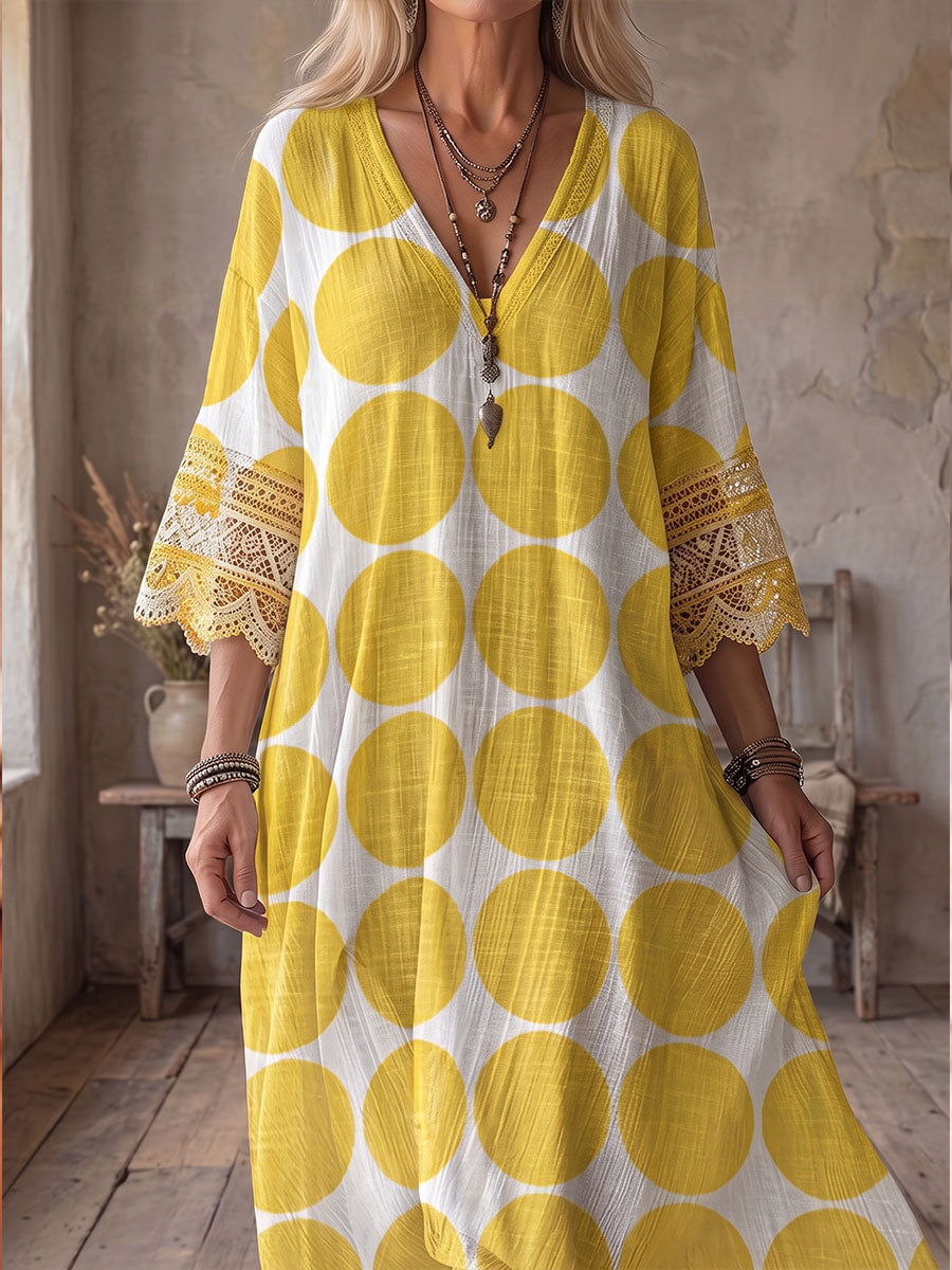 Vintage Art Comfortable Summer Fabrics Cotton Linen Patchwork Lace Dress