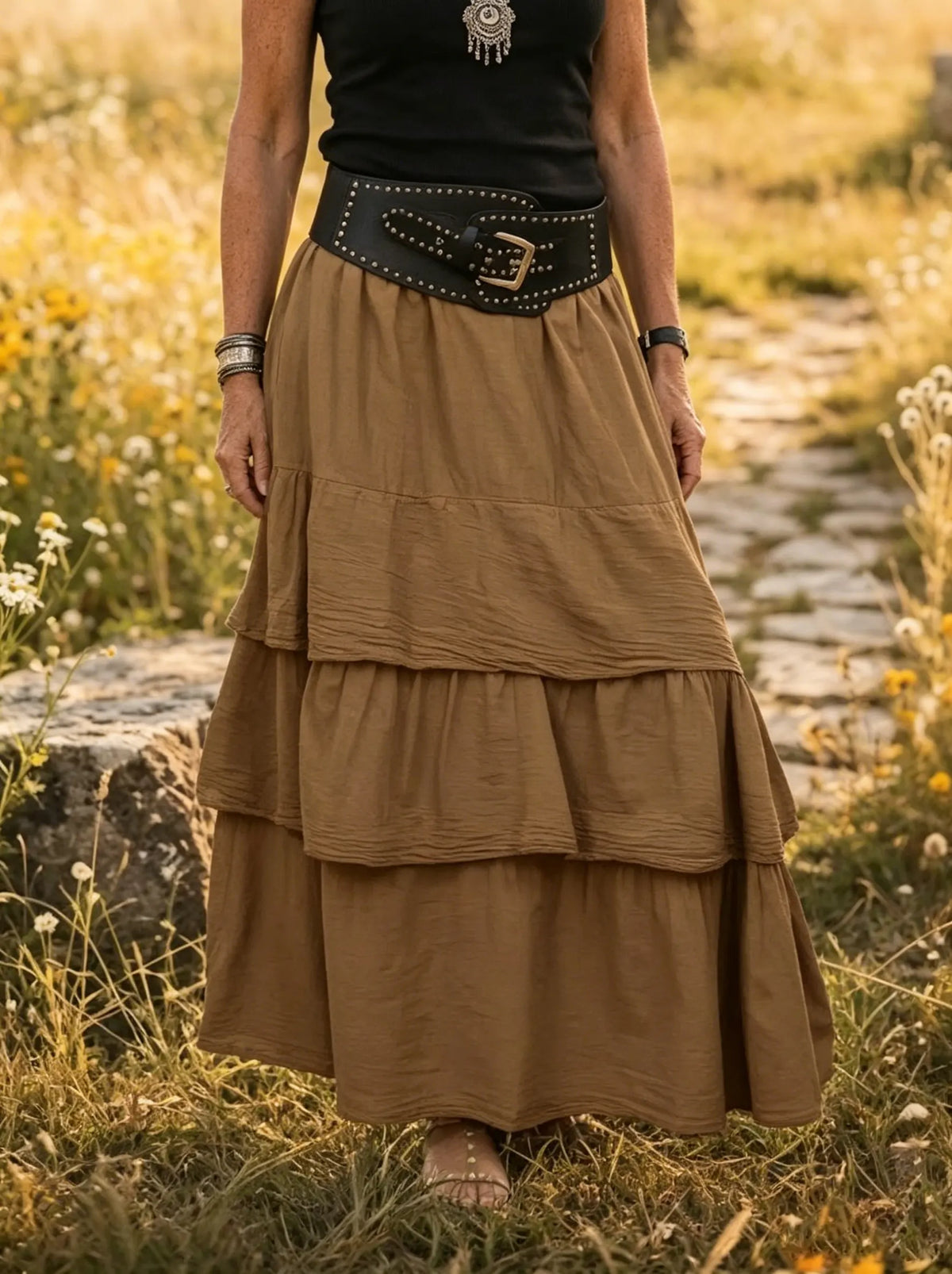 Women's Solid Tiered Crinkled Cotton Maxi Skirt