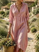 Women's Solid Textured Collar Button Front Gathered 3/4 Sleeve Linen Midi Dress