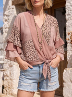 Vintage Art Comfortable Summer Fabrics Chiffon Patchwork Leopard Shirt
