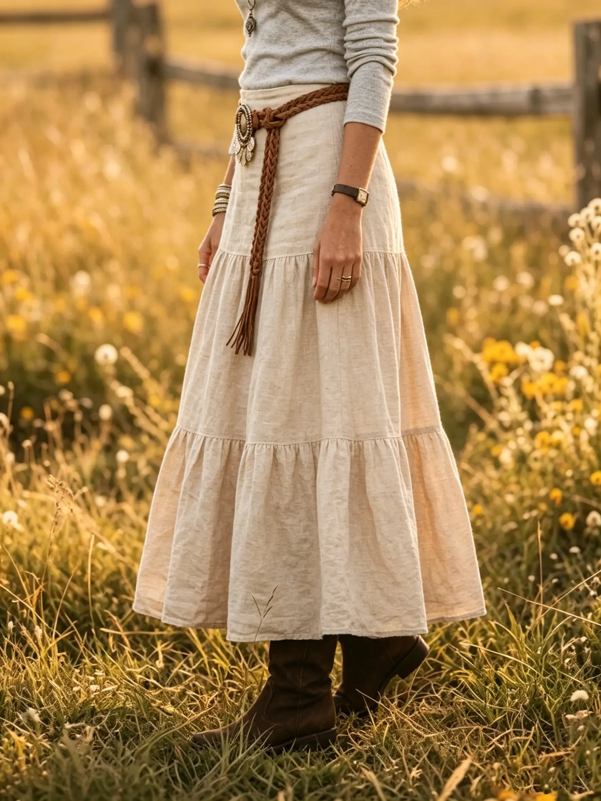 Women's Solid Tiered Linen-Blend Flared Maxi Skirt
