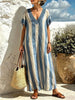 Women Blue White Vertical Stripe Lace Trim V-Neck Loose Maxi Dress