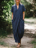 Women Vintage Loose Textured Linen Wrap Long Dress Short Sleeve Pocket Casual Dress