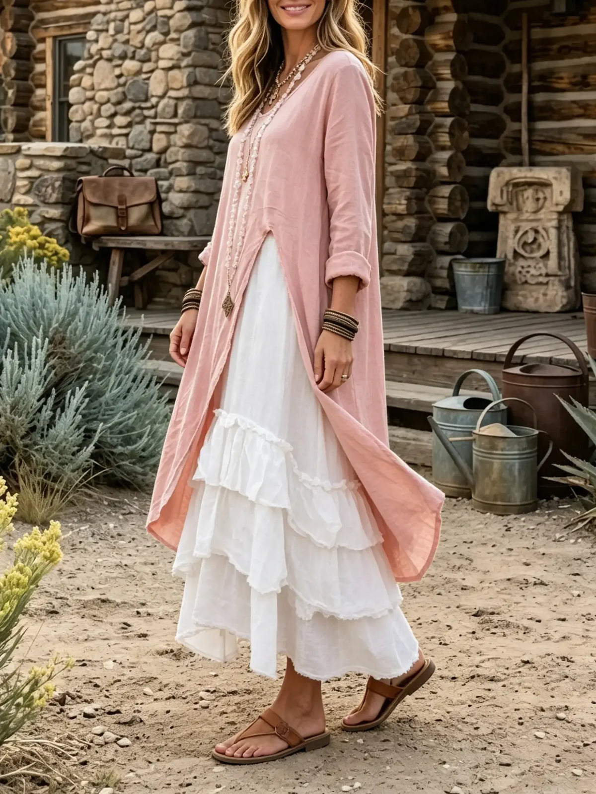 Women's Open Front Long Tunic Cardigan Ruffle Tiered Dress Two Piece Set