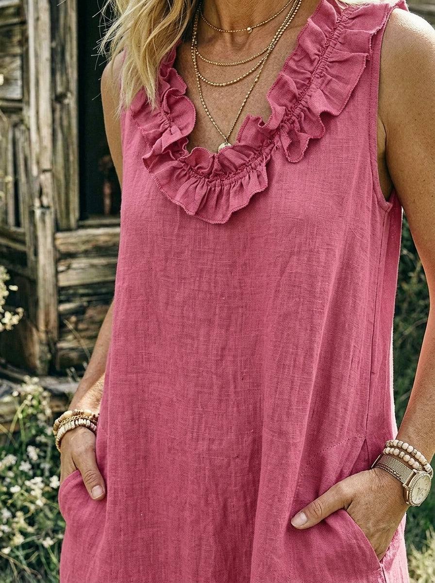 Women's Ruffle V Neck Sleeveless Linen Maxi Dress With Side Pockets