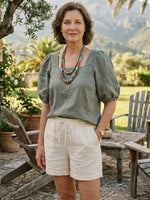 Women's Solid Square Neck Puff Short Sleeve Loose Linen Top