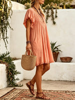 Women Solid Textured V Neck Flutter Sleeve Fringe Hem Mini Vacation Dress