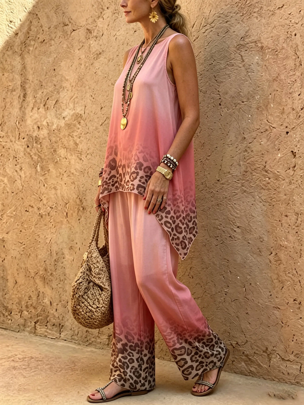 Women's Pink Leopard Ombre Sleeveless Set