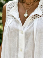 Women’s Eyelet Hollow Collar Sleeveless Cotton Linen Tunic Top