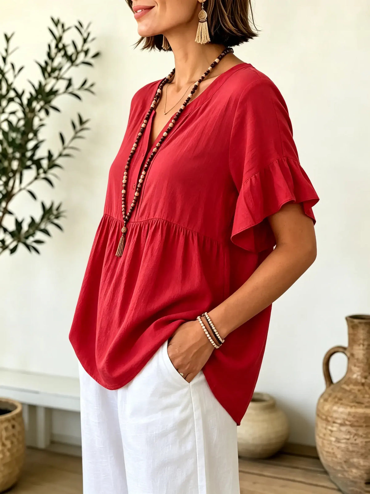 Women Solid Notch Neck Gathered Ruffle Short Sleeve Blouse