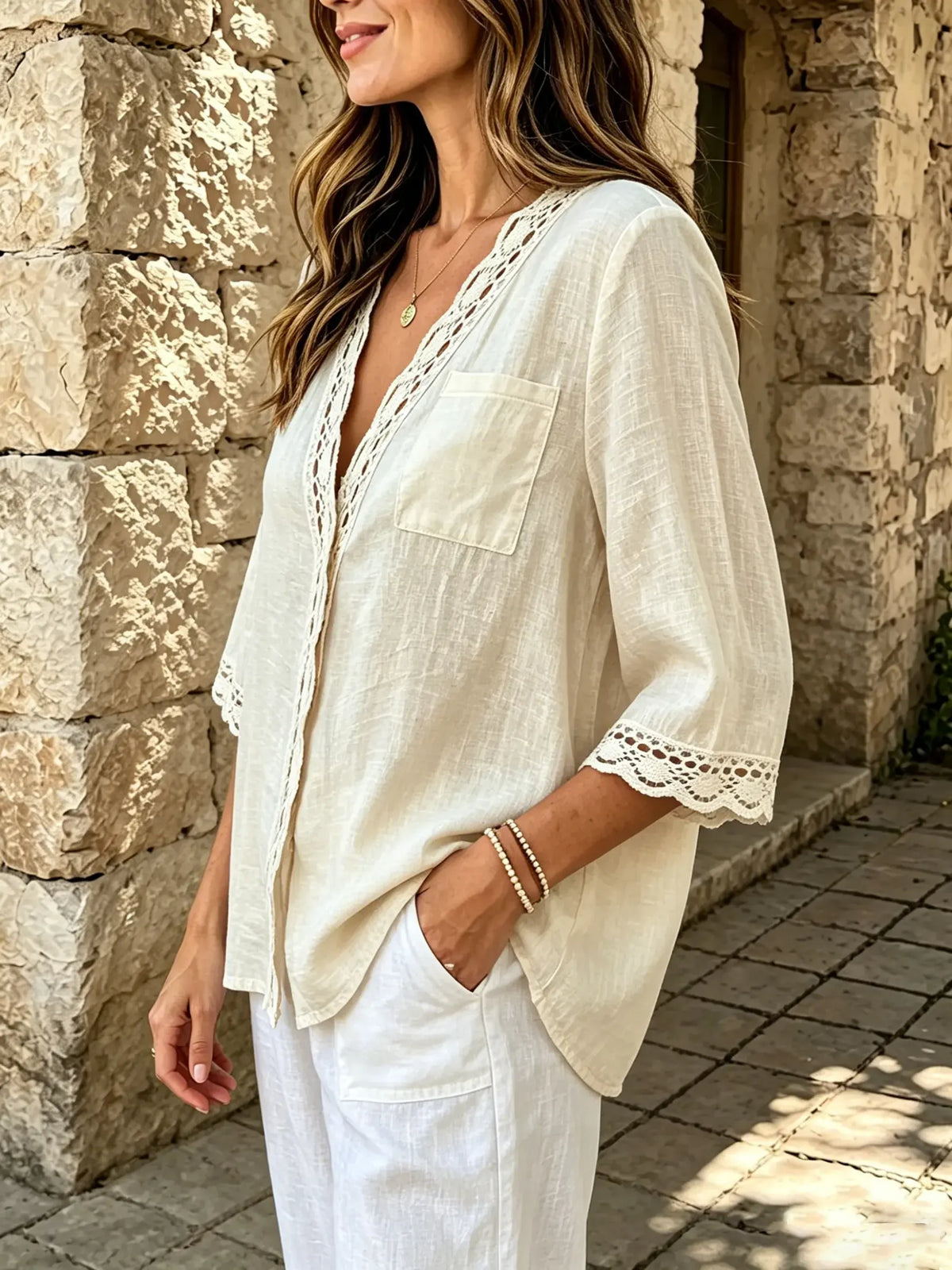 Women Solid Cutout Lace Patch V-Neck 3/4 Sleeve Blouse