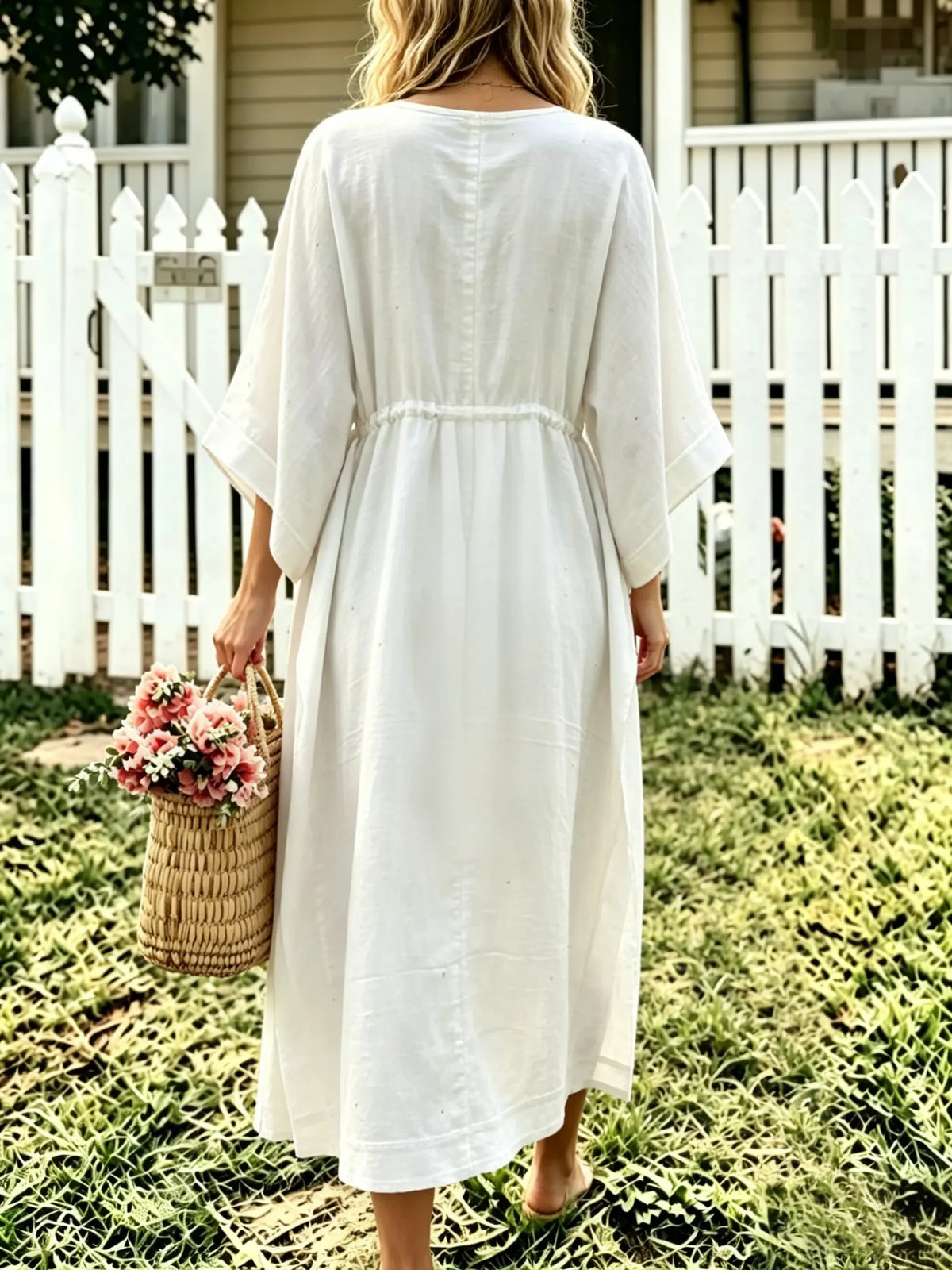 Women's Solid-Color Textured Short-Sleeve Maxi Dress with Drawstring Waist and Loose Fit