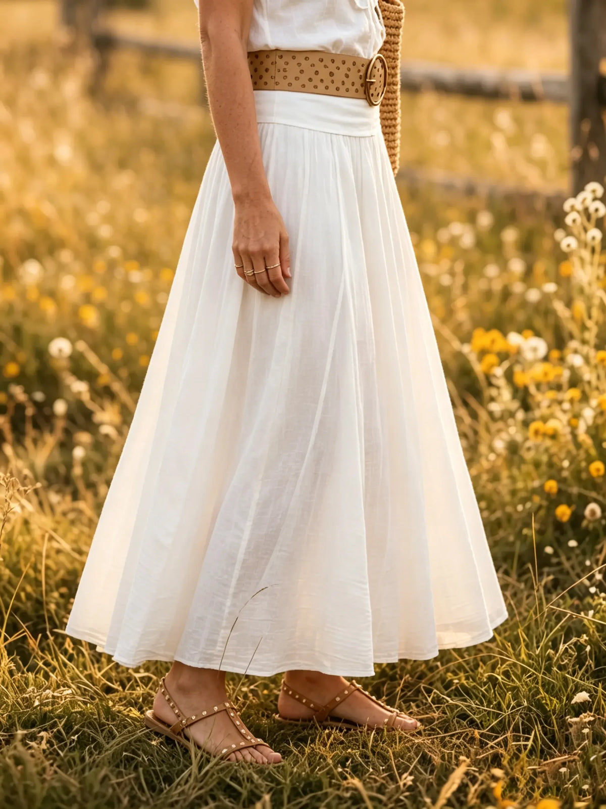 Women's Solid Flowy Elastic Waist Cotton Maxi Skirt