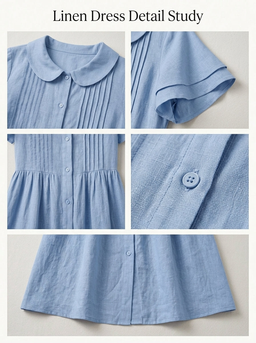 Women's Peter Pan Collar Ruffle Sleeve Pleated Linen Midi Shirt Dress