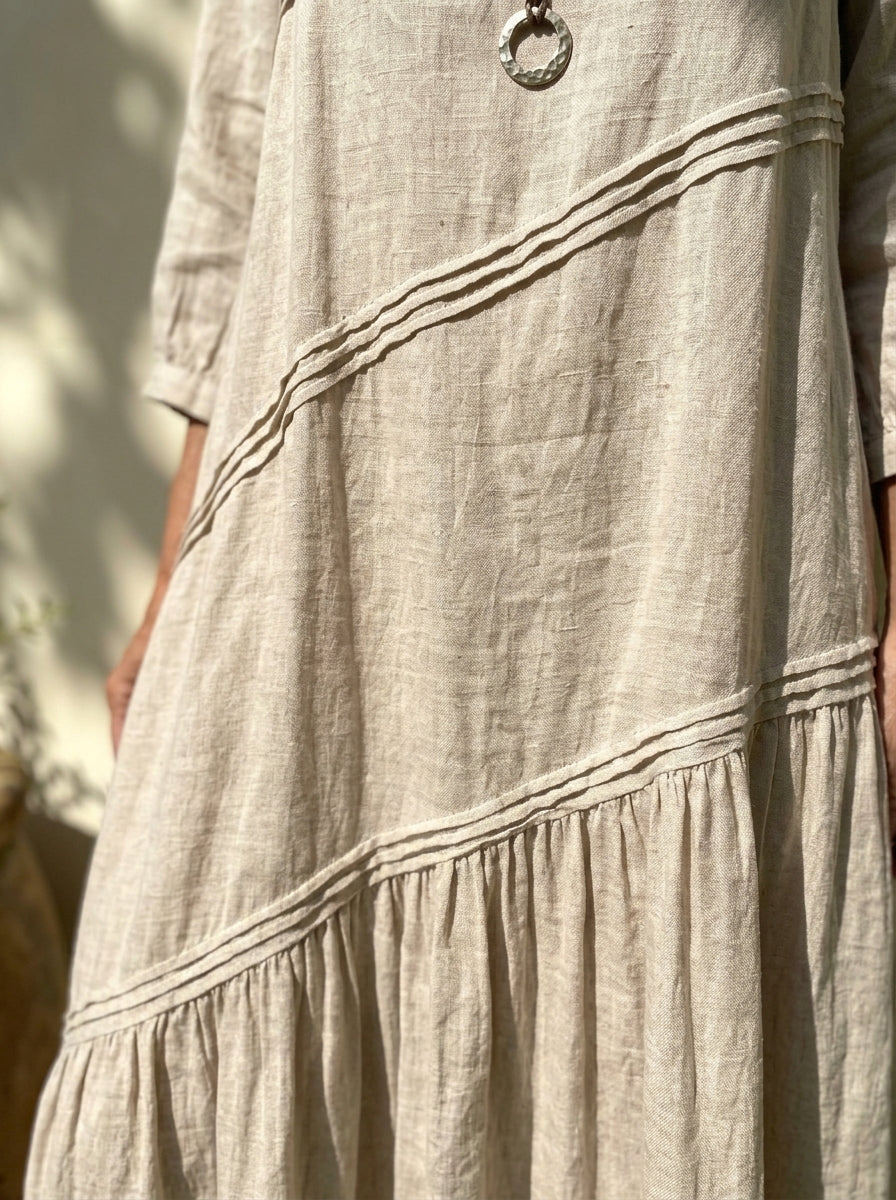 Women’s Diagonal Stitch Tiered Linen Cotton Midi Dress