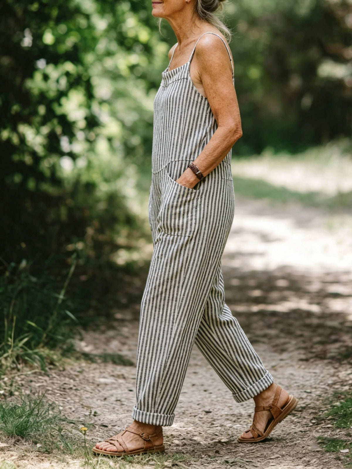 Womens Striped Linen Spaghetti Strap Jumpsuit, Loose Cuffed Ankle Overalls with Side Pockets