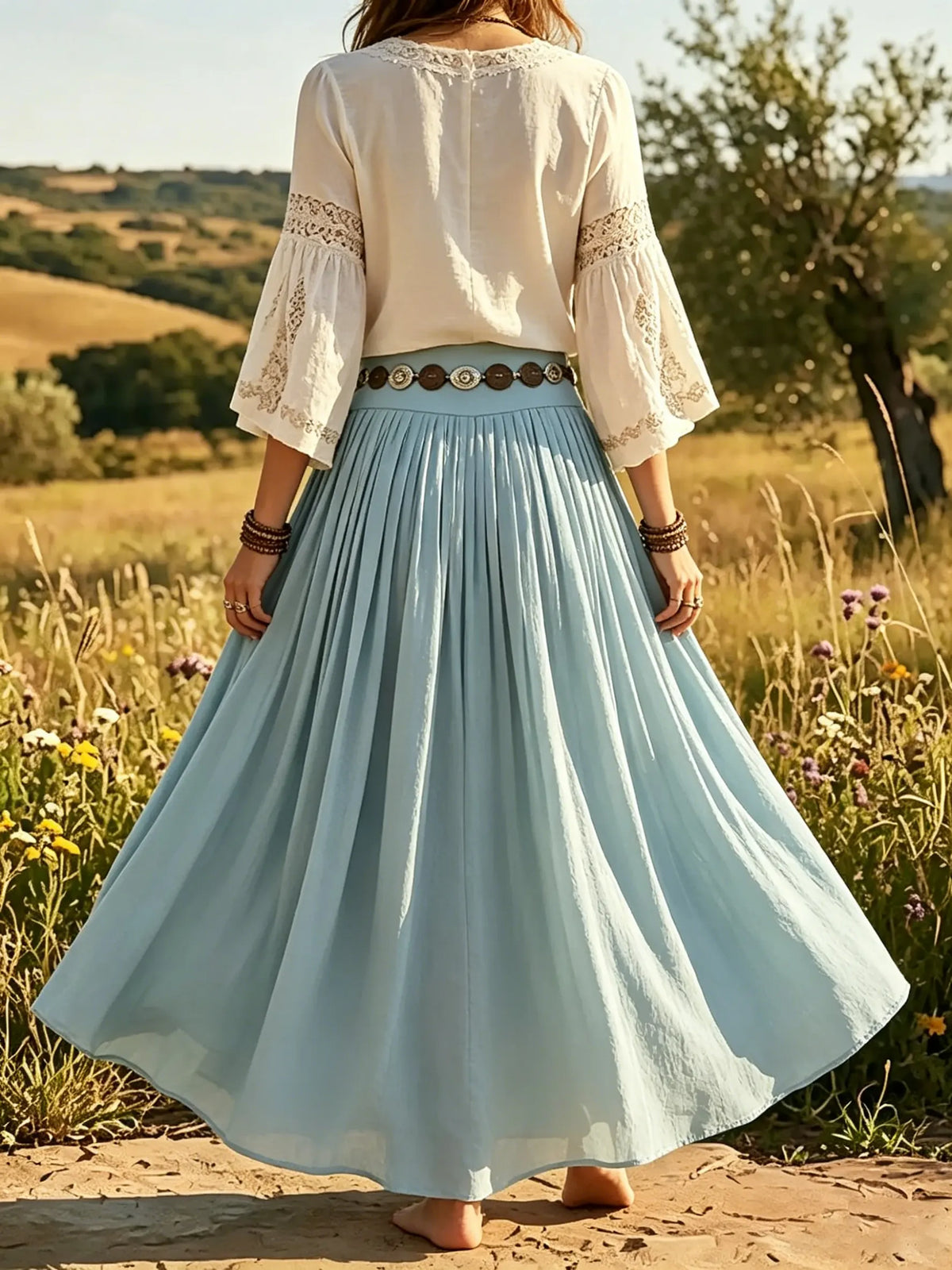 Women's Solid Pleated Flowy High Waist Boho Maxi Skirt