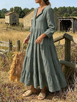 Sage Green Partial Button Tiered Linen Maxi Dress With Pockets