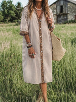 Prairie Stripe Leopard-Trim Shirt Dress