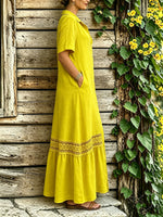 Women’s Casual Cotton Short Sleeve Ruffled Hem Bottom Down Pocket Maxi Dress