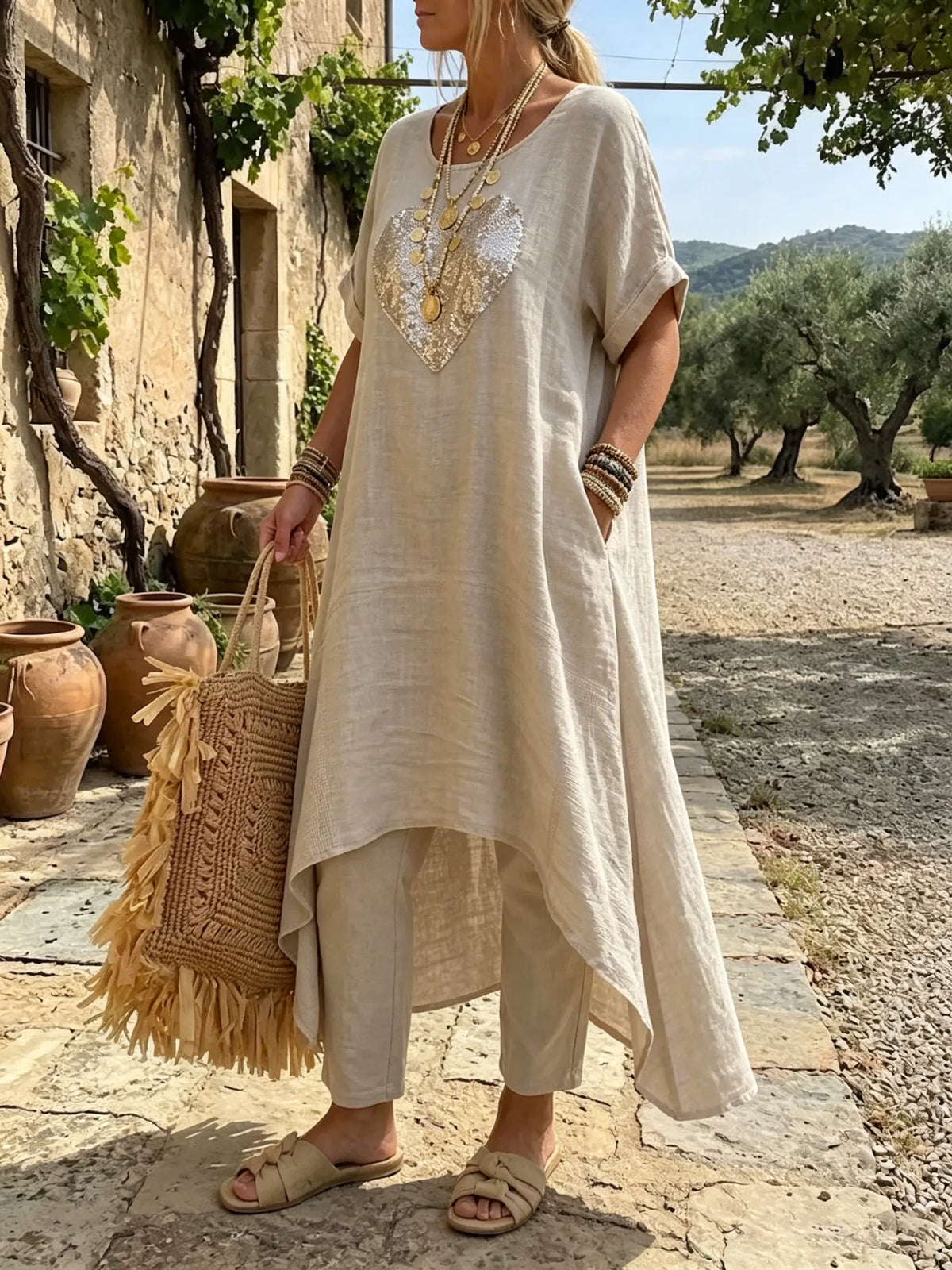 Women's Sequin Heart High-Low Linen Tunic
