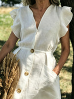 Women’s Casual Cotton V Neck Ruffled Sleeve Pocket Dress