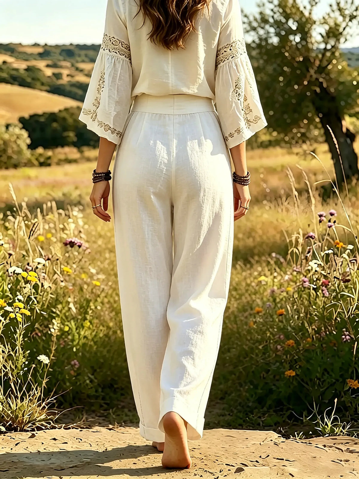 Women's Solid Textured High Waist Cuffed Straight Linen Trousers 10