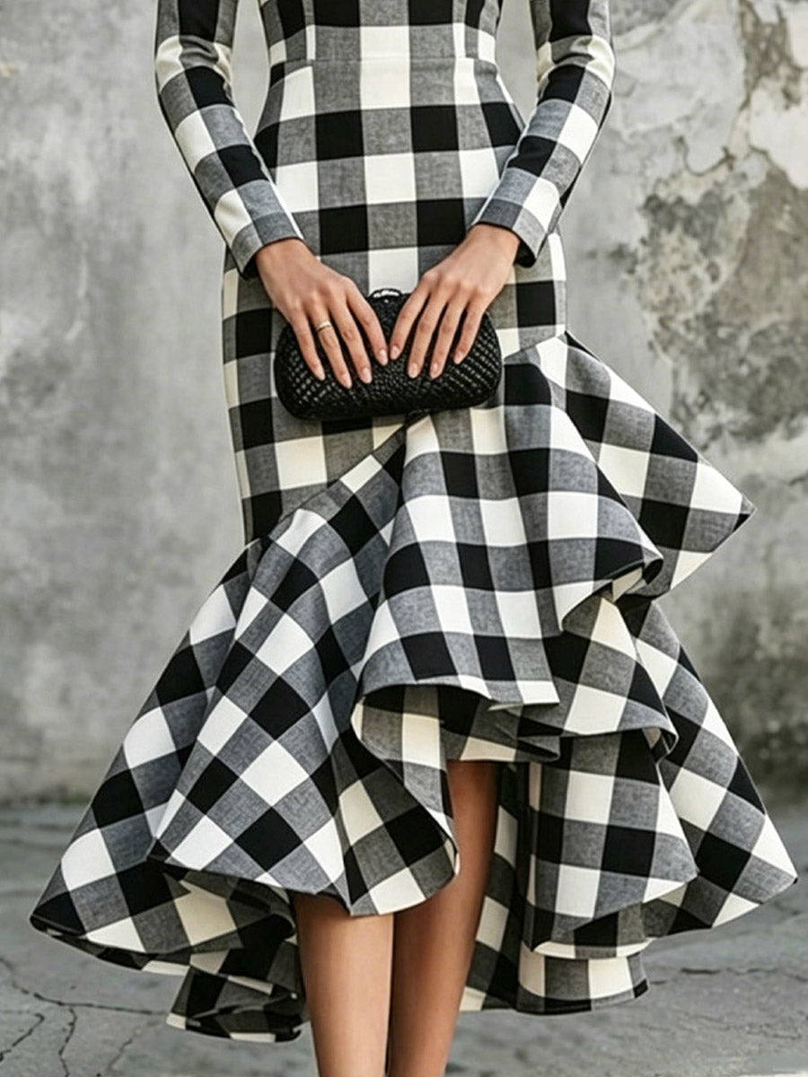 Women's Black White Plaid Ruffled Hem Art Casual Stylish Long Sleeve Dress