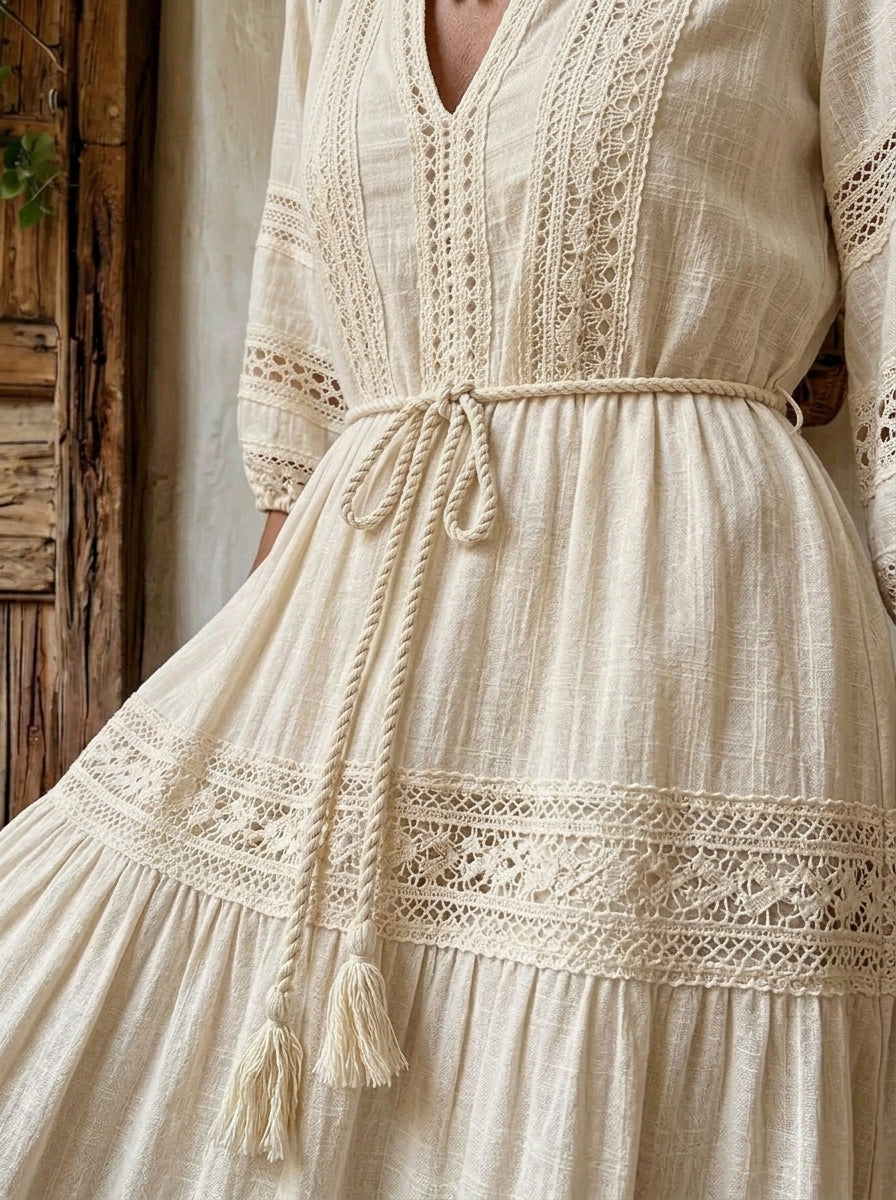 Women's Boho Lace Tiered Cotton Linen Midi Dress With Waist Drawstring