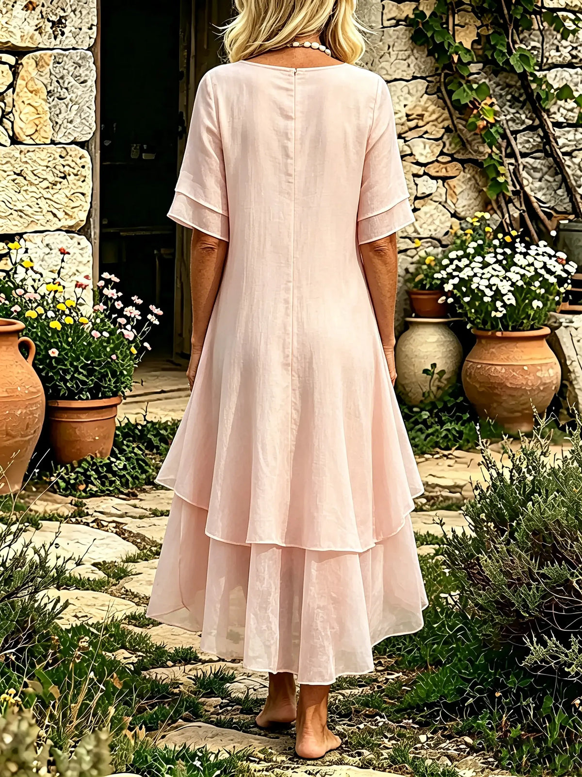 Solid Flow Double Layer Flounce Sleeve Irregular Hem Maxi Dress