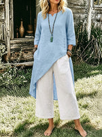 Womens Asymmetric Cotton Linen Tunic & White Cropped Culottes 2 Piece Outfit Set