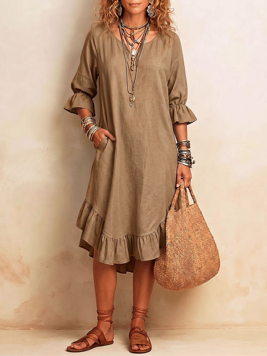 Women's Solid Color V-Neck 3/4 Sleeve Casual Loose Cotton-Linen Dress