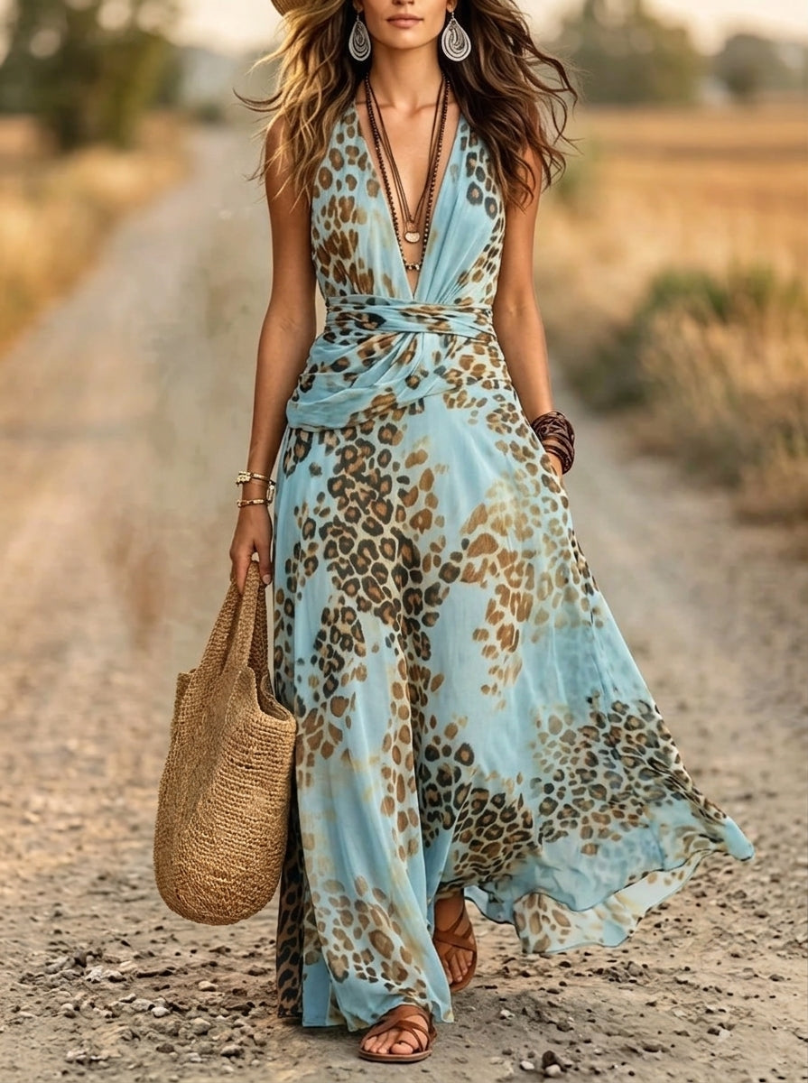 Women's Leopard V-Neck Twist Maxi Dress