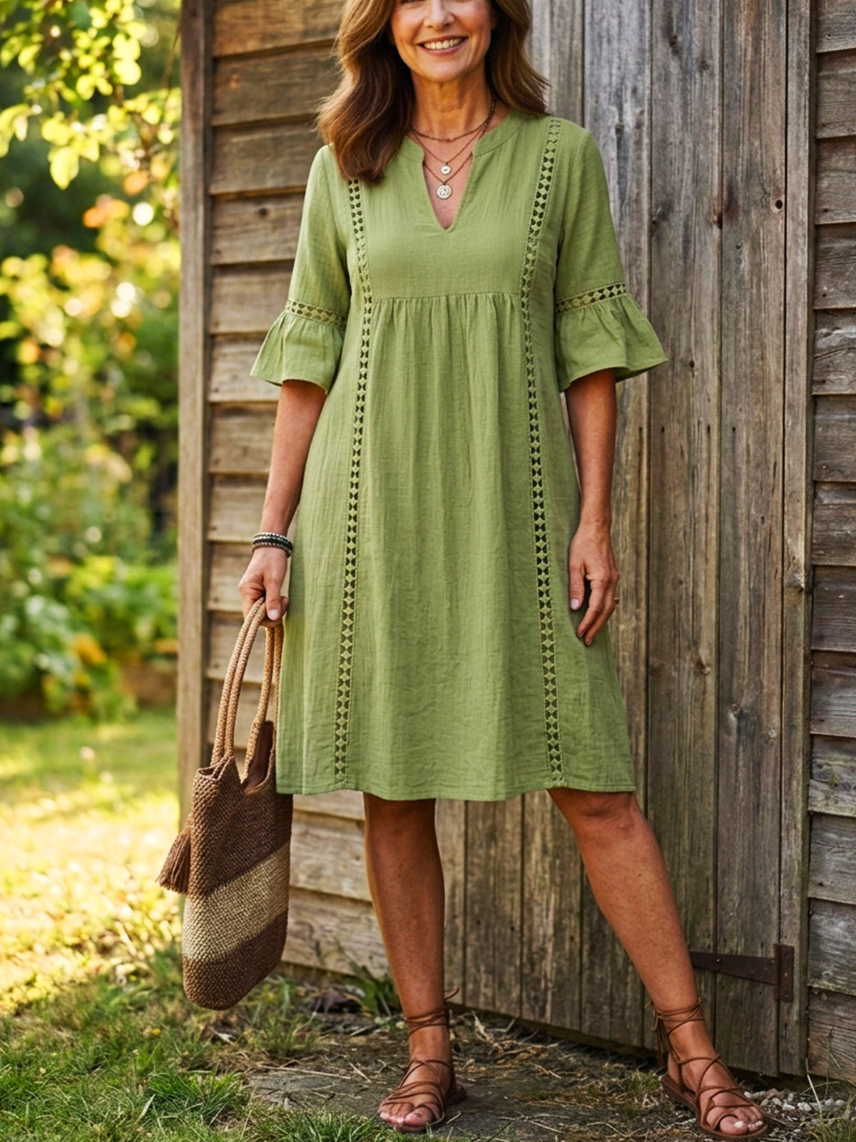 Women’s Eyelet Lace V-Neck Cotton Linen Babydoll Midi Dress