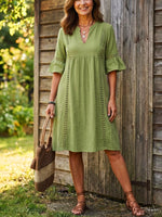 Women’s Eyelet Lace V-Neck Cotton Linen Babydoll Midi Dress
