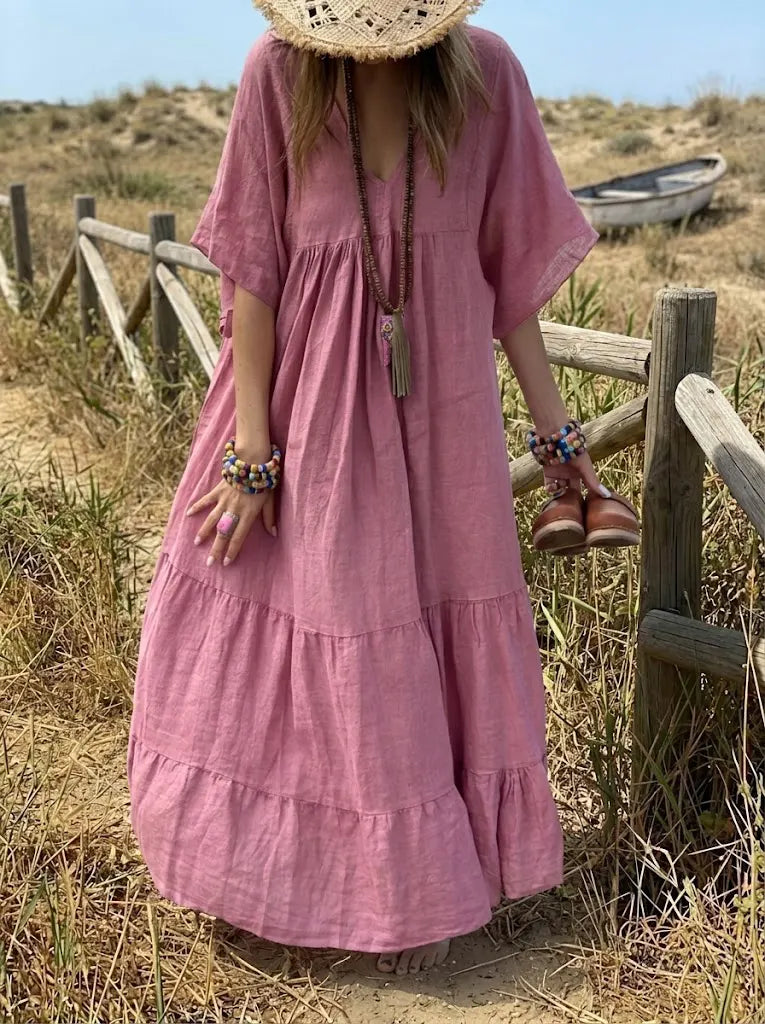 Vintage Rose Bohemian V-Neck Maxi Dress