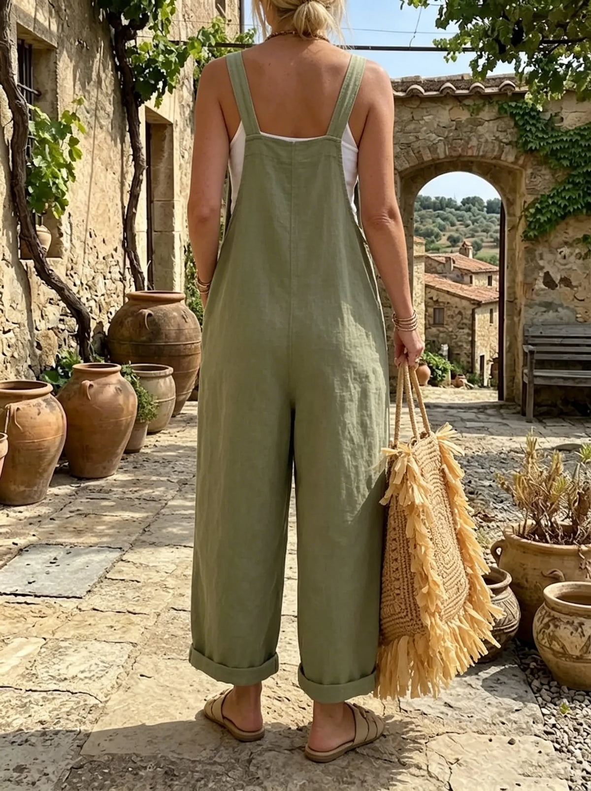 Olive Grove Relaxed Linen Overalls