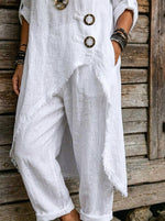 Womens Cotton Linen Irregular Fringe Tunic & Loose Pants 2 Piece Set