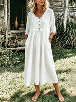 Women’s Casual Cotton Lace Collar Trim V Neck Pocket Dress