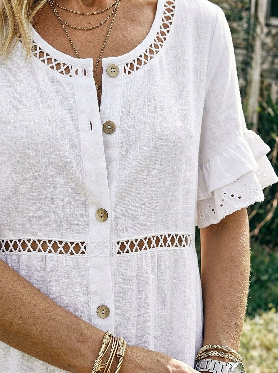 Women's Eyelet Lace Ruffle Short Sleeve Button Down High Low Linen Midi Dress